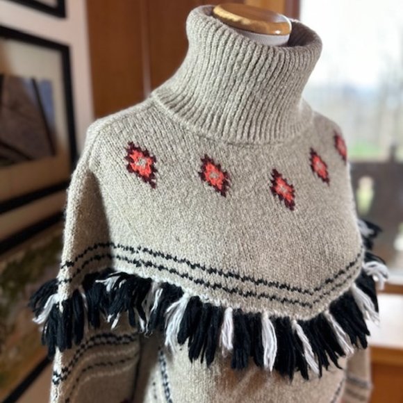 LOU and GRAY LOFT Beige Black Southwestern Motifs Fringed Turtleneck Sweater -S - Picture 3 of 11